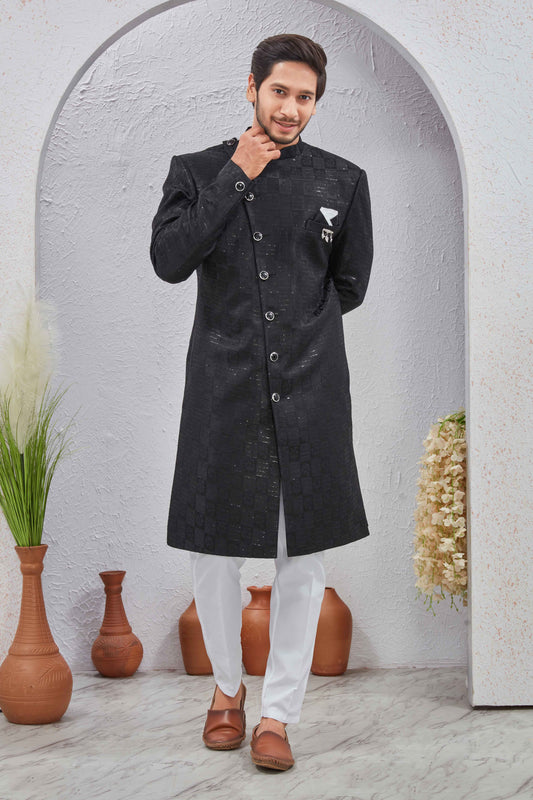 Men's Indian Designer Wedding Festive Wear Asymmetric Sherwani with White Churidar Pants