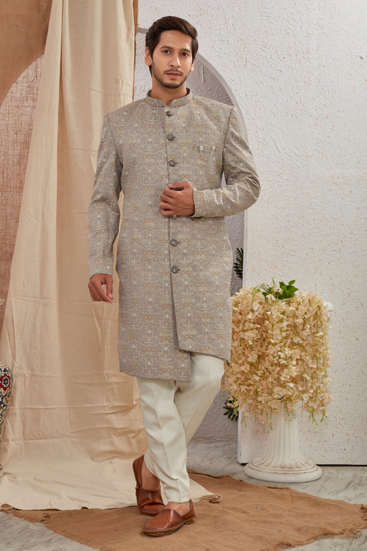 Men's Indian Designer Wedding Festive Wear Asymmetric Sherwani with White Churidar Pants