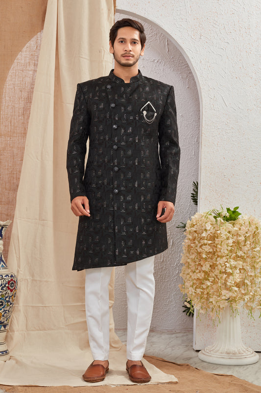 Men's Indian Designer Wedding Festive Wear Asymmetric Sherwani with White Churidar Pants