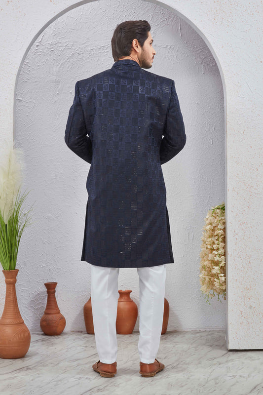 Men's Indian Designer Wedding Festive Wear Asymmetric Sherwani with White Churidar Pants