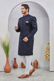 Men's Indian Designer Wedding Festive Wear Asymmetric Sherwani with White Churidar Pants