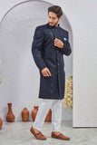 Men's Indian Designer Wedding Festive Wear Asymmetric Sherwani with White Churidar Pants