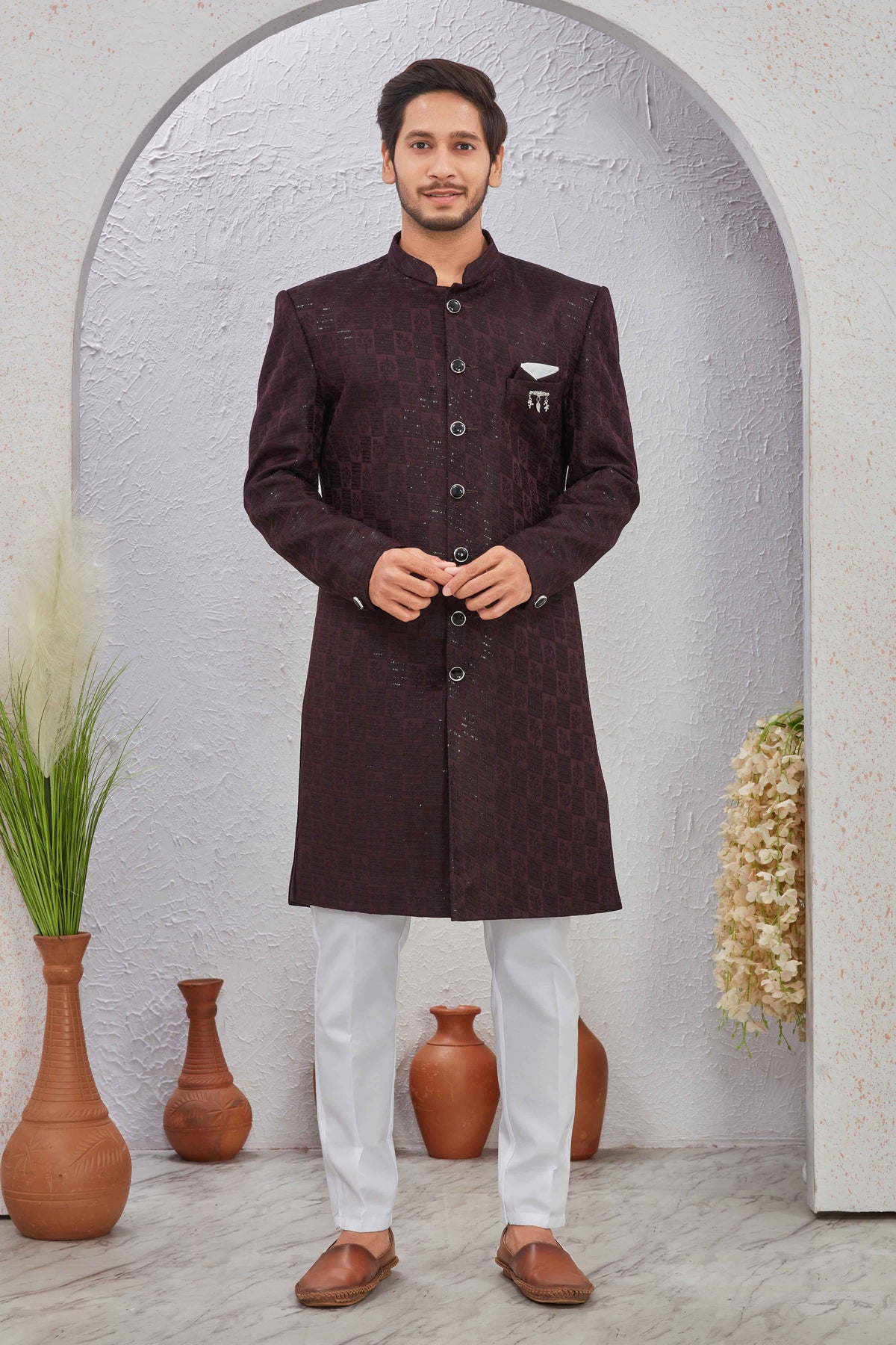 Men's Indian Designer Wedding Festive Wear Asymmetric Sherwani with White Churidar Pants