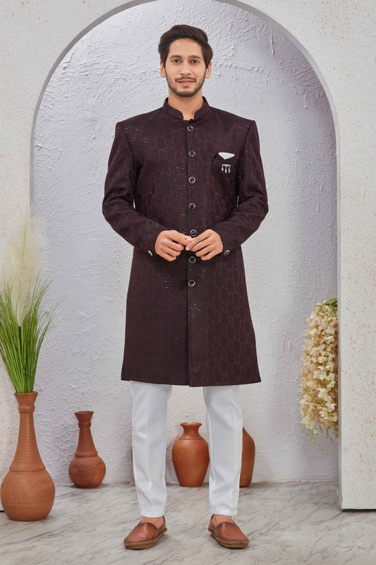 Men's Indian Designer Wedding Festive Wear Asymmetric Sherwani with White Churidar Pants