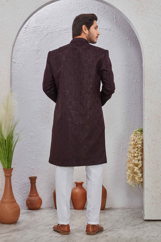 Men's Indian Designer Wedding Festive Wear Asymmetric Sherwani with White Churidar Pants