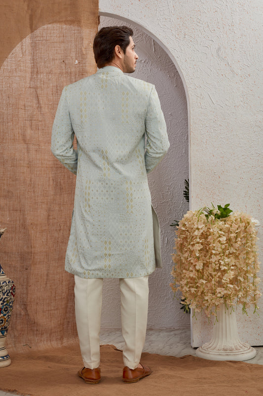 Men's Indian Designer Wedding Festive Wear Asymmetric Sherwani with White Churidar Pants