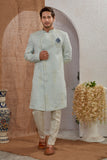 Men's Indian Designer Wedding Festive Wear Asymmetric Sherwani with White Churidar Pants