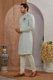 Men's Indian Designer Wedding Festive Wear Asymmetric Sherwani with White Churidar Pants