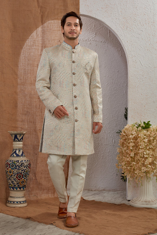 Men's Indian Designer Wedding Festive Wear Asymmetric Sherwani with White Churidar Pants
