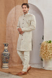 Men's Indian Designer Wedding Festive Wear Asymmetric Sherwani with White Churidar Pants