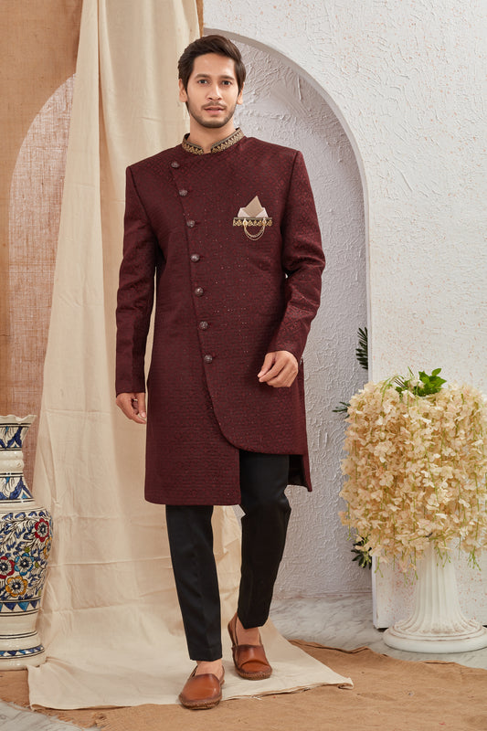 Men's Indian Designer Wedding Festive Wear Asymmetric Sherwani with Black Churidar Pants
