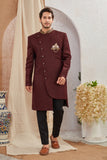 Men's Indian Designer Wedding Festive Wear Asymmetric Sherwani with Black Churidar Pants