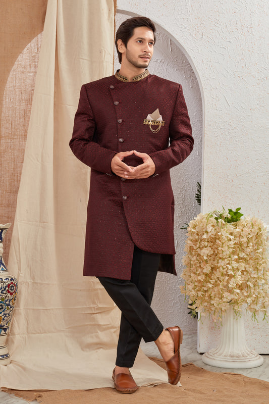 Men's Indian Designer Wedding Festive Wear Asymmetric Sherwani with Black Churidar Pants