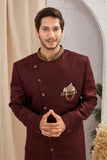 Men's Indian Designer Wedding Festive Wear Asymmetric Sherwani with Black Churidar Pants