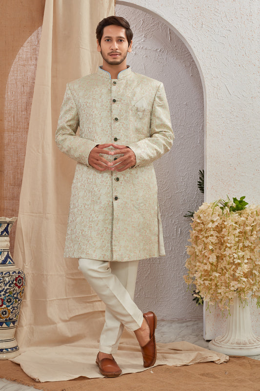 Men's Indian Designer Wedding Festive Wear Asymmetric Sherwani with White Churidar Pants