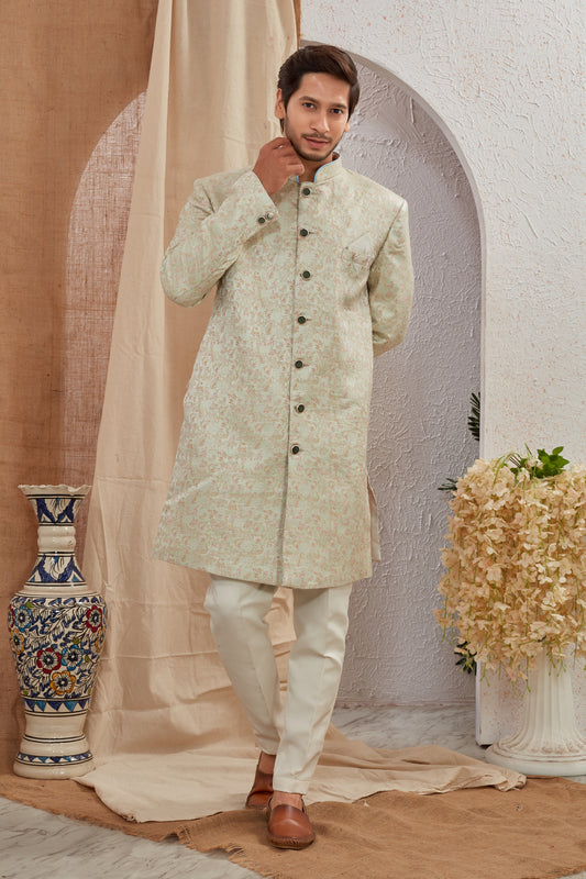 Men's Indian Designer Wedding Festive Wear Asymmetric Sherwani with White Churidar Pants