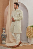 Men's Indian Designer Wedding Festive Wear Asymmetric Sherwani with White Churidar Pants