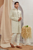 Men's Indian Designer Wedding Festive Wear Asymmetric Sherwani with White Churidar Pants