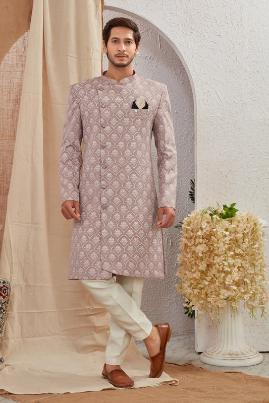 Men's Indian Designer Wedding Festive Wear Asymmetric Sherwani with White Churidar Pants