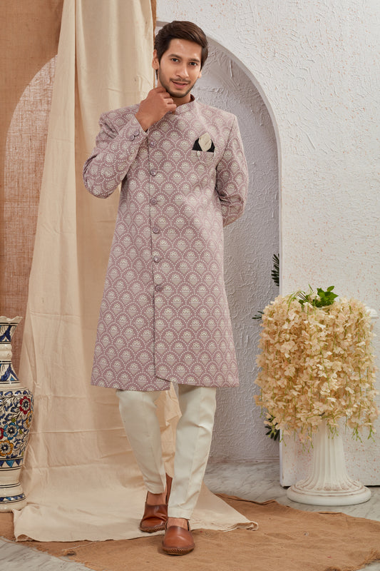 Men's Indian Designer Wedding Festive Wear Asymmetric Sherwani with White Churidar Pants