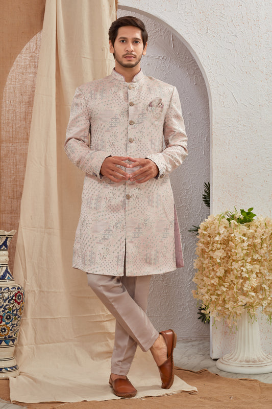 Men's Indian Designer Wedding Festive Wear Asymmetric Sherwani with White Churidar Pants