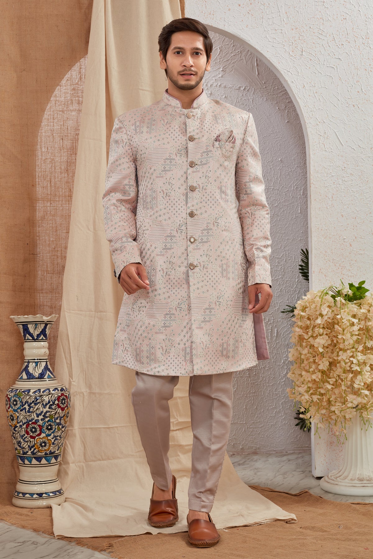 Men's Indian Designer Wedding Festive Wear Asymmetric Sherwani with White Churidar Pants