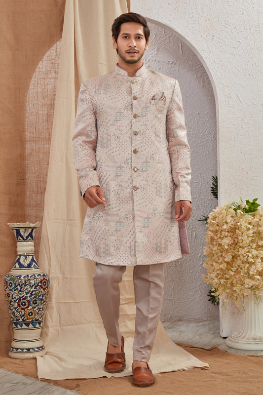 Men's Indian Designer Wedding Festive Wear Asymmetric Sherwani with White Churidar Pants