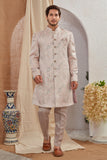 Men's Indian Designer Wedding Festive Wear Asymmetric Sherwani with White Churidar Pants