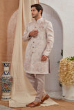 Men's Indian Designer Wedding Festive Wear Asymmetric Sherwani with White Churidar Pants