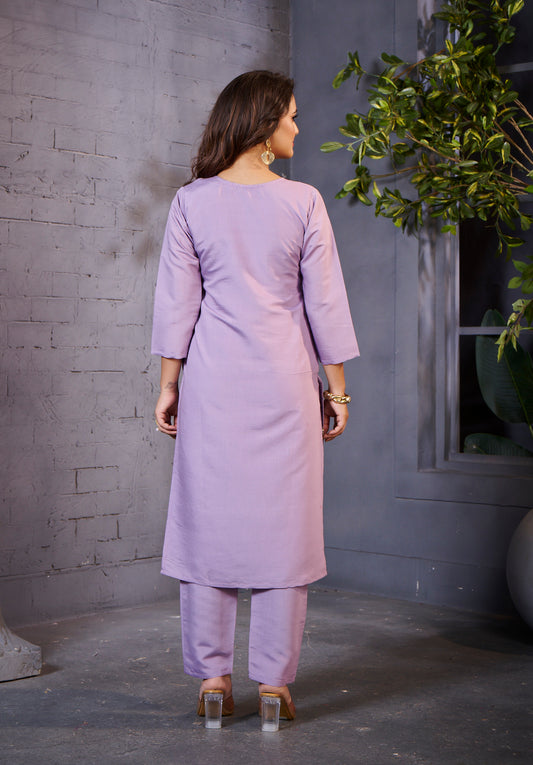 Elegant Lavender Embroidered Kurta Set for Women – Festive & Casual Wear