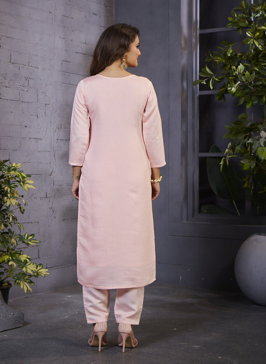Elegant Light Peach Embroidered Kurta Set for Women – Festive & Casual Wear