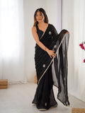 Star Black Georgette Saree with Silver Floral Embellishments and Gold Border