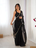 Star Black Georgette Saree with Silver Floral Embellishments and Gold Border