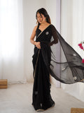 Star Black Georgette Saree with Silver Floral Embellishments and Gold Border
