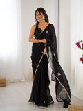 Star Black Georgette Saree with Silver Floral Embellishments and Gold Border