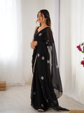 Star Black Georgette Saree with Silver Floral Embellishments and Gold Border