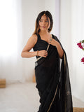 Star Black Georgette Saree with Silver Floral Embellishments and Gold Border