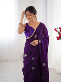Star Purple Georgette Saree with Silver Floral Embellishments and Gold Border