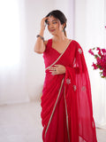Star Red Georgette Saree with Silver Floral Embellishments and Gold Border