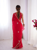 Star Red Georgette Saree with Silver Floral Embellishments and Gold Border