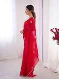 Star Red Georgette Saree with Silver Floral Embellishments and Gold Border