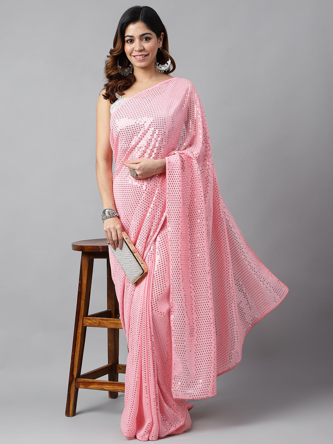 Midnight Noir Pink Sequin Georgette Saree For Women