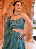 Inaya Teal Floral Printed Lehenga Set with Spaghetti Strap Blouse