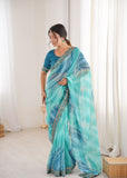 Sky Blue Georgette Chiffon Saree with Gold Embroidered Border
