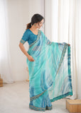 Sky Blue Georgette Chiffon Saree with Gold Embroidered Border