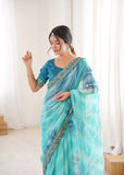 Sky Blue Georgette Chiffon Saree with Gold Embroidered Border
