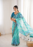 Sky Blue Georgette Chiffon Saree with Gold Embroidered Border