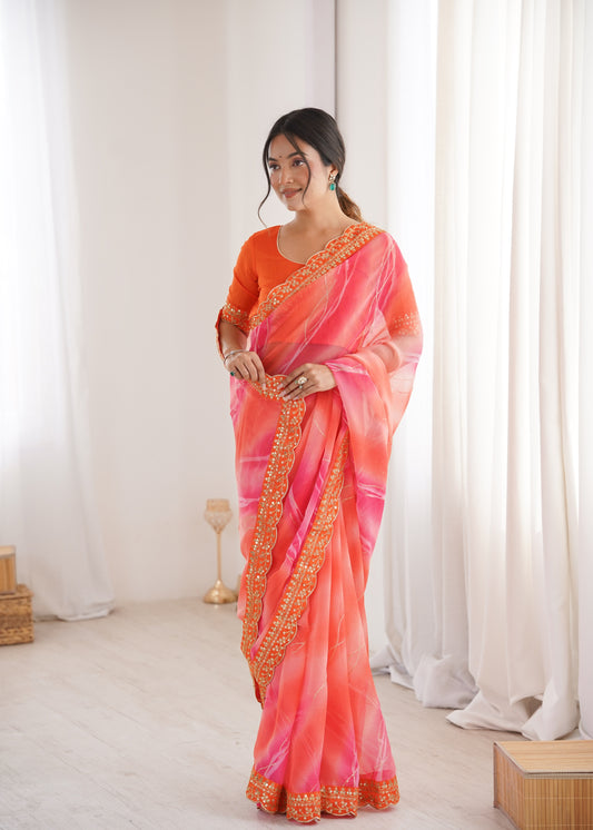 Orange Georgette Chiffon Saree with Gold Embroidered Border