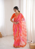 Orange Georgette Chiffon Saree with Gold Embroidered Border