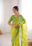 Mehendi Green Georgette Chiffon Saree with Gold Embroidered Border